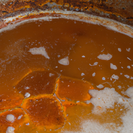 A close-up of a rusted area on a Dutch oven being treated with a baking soda and white vinegar paste.