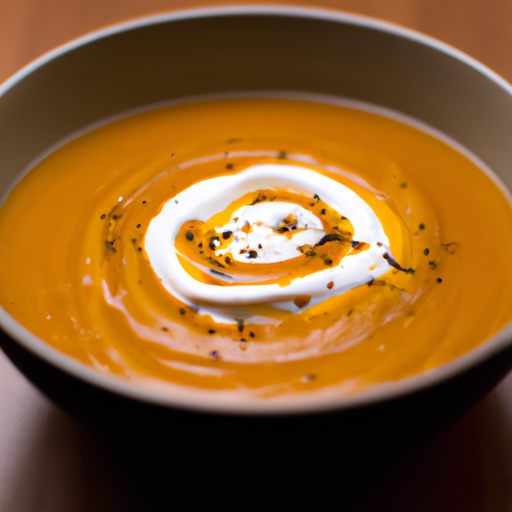 A bowl of spicy butternut squash soup garnished with a dollop of sour cream and a sprinkle of cayenne pepper.