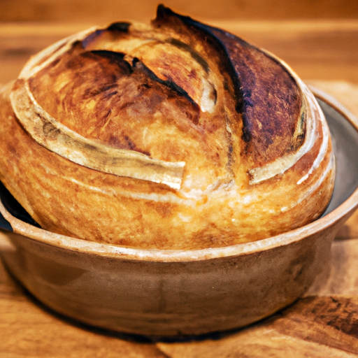 Freshly baked artisan bread with a golden crust, made using a Dutch oven.